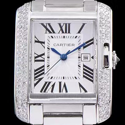 SA급 까르띠에 남성용 탱크 WT100028 앙글레즈 워치!! 브릴리언트 컷 다이아몬드 베젤 실버 마감 래커 플렝케 다이얼 쿼츠 무브먼트 CAR0014 xx