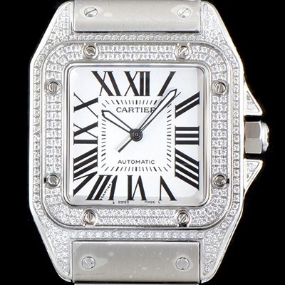 SA급 까르띠에 남성용 산토스 100 베스트 에디션 W20073X8 미듐 모델 화이트 골드-다이아몬드 실버 마감 오팔린 다이얼 오토매틱 무브먼트 CAR4011 xx