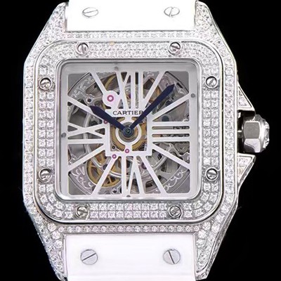 SA급 까르띠에 남성용 신상출시!!산토스 뒤몽 컬렉션 18k 화이트 골드 다이아몬드 셋팅 스켈레톤 다이얼 오토매틱 무브먼트 CAR0110 xx