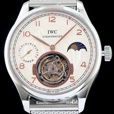 SA급 아이더블유씨 남성용 포르투기즈 투어빌론 문페이즈 파워리져브 로즈골드 인덱스 화이트 다이얼 스틸 메쉬 브레이슬릿 IWC0211 xx