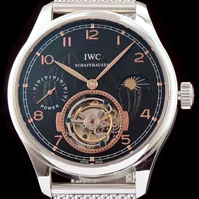 SA급 아이더블유씨 남성용 포르투기즈 투어빌론 문페이즈 파워리져브 로즈골드 인덱스 블랙 다이얼 스틸 메쉬 브레이슬릿 IWC0214 xx