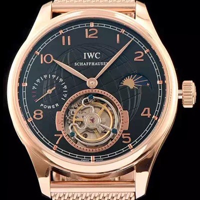 SA급 아이더블유씨 남성용 IWC 포르투기즈 투어빌론 문페이즈 파워리져브 로즈골드 블랙 다이얼 로즈골드 메쉬 브레이슬릿 IWC0210 xx