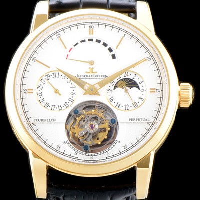 SA급 예거르쿨트르 남성용 마스터 그랑 트래디션 5042420 퀀템 퍼페추얼 18K 옐로우골드 화이트 다이얼 아시안 투어빌론 탑재 무브먼트 JAG0412 xx