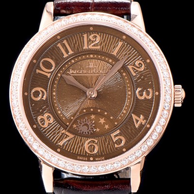 SA급 예거르꿀르뜨 남성용 랑데부 나잇&데이 344242J 레이디 워치 18K 로즈골드 최상급 다이아몬드 세팅 베젤 문페이즈 브라운 텍스쳐드 다이얼 오토매틱 무브먼트 JAG0420 xx