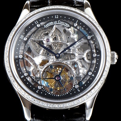 SA급 예거르쿨트르 남성용 신형 마스터 그랜드 투어빌론 1:1 수공 맞물림 형식의 쥬얼라인 블랙&실버 스켈레톤 다이얼 투어빌론 무브먼트 JAG0401 xx