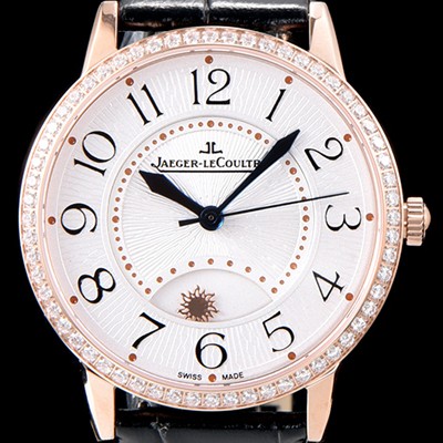 SA급 예거르꿀르뜨 남성용 랑데부 나잇&데이 3442440 레이디 워치 18K 로즈골드 최상급 다이아몬드 세팅 베젤 문페이즈 화이트 텍스쳐드 다이얼 오토매틱 무브먼트 JAG0424 xx
