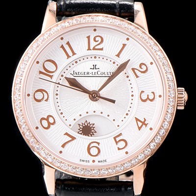 SA급 예거르꿀르뜨 남성용 랑데부 나잇&데이 3442440 레이디 워치 18K 로즈골드 최상급 다이아몬드 세팅 베젤 문페이즈 화이트 텍스쳐드 다이얼 오토매틱 무브먼트 JAG0440 xx