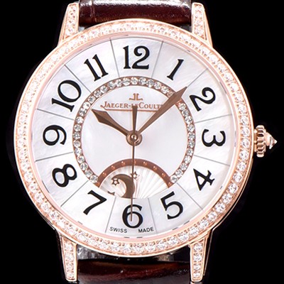 SA급 예거르꿀르뜨 남성용 랑데부 나잇&데이 3442440 레이디 워치 18K 로즈골드 최상급 다이아몬드 세팅 베젤 문페이즈 자개 다이얼 오토매틱 무브먼트 JAG0420 xx