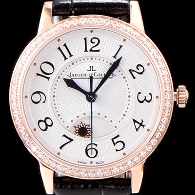 SA급 예거르꿀르뜨 남성용 랑데부 나잇&데이 Q3442520 레이디 워치 18K 로즈골드 최상급 다이아몬드 세팅 베젤 문페이즈 화이트 텍스쳐드 다이얼 오토매틱 무브먼트 JAG0440 xx