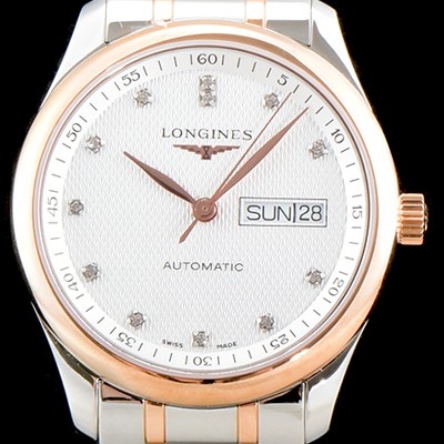 SA급 론진 남성용 마스터 컬렉션 L2.755.5.97.7 클래식 데이데이트 논크로노 모델!! 18K 로즈골드 투톤콤비 화이트 텍스쳐드 다이얼 브레이슬릿 오토메틱 무브먼트 LON0404 xx