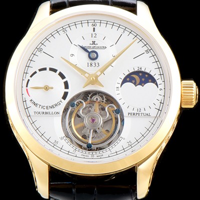 SA급 예거르쿨트르 남성용 마스터 그랑 트래디션 5043480 1833퍼페추얼 18K 옐로우골드 케이스 화이트 다이얼 아시안 투어빌론 탑재 무브먼트 JAG0410 xx