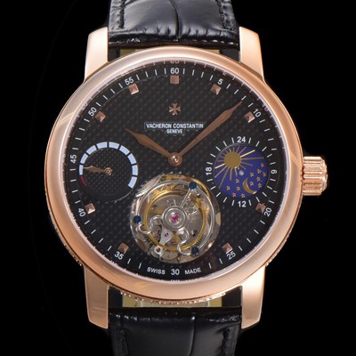SA급 바쉐런콘스탄틴남성용 트레디셔널 투어빌론 오토매틱 문페이즈 44mm 18K 로즈골드 가죽줄 블랙다이얼 vac15690 xx