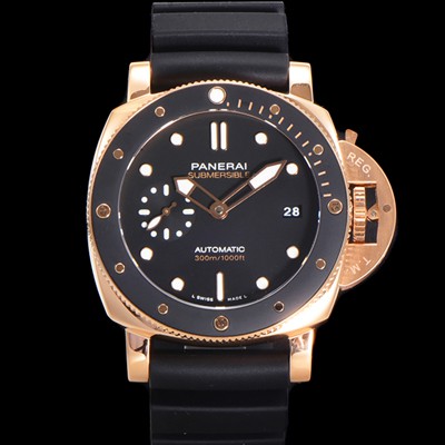 SA급 파네라이 남성용 서브머시블 골드테크™ PAM02164 오토매틱 Cal P. 900 타입 42mm 18K 로즈골드 우레탄 블랙 다이얼 pan5209 xx