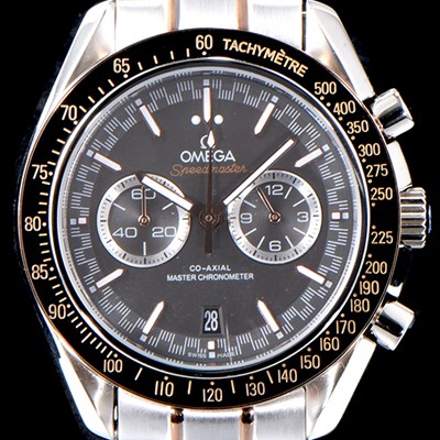 SA급 오메가 남성용 스피드마스터 329.23.44.51.06.001 18K 로즈골드 레이싱 코-액시얼 마스터 크로노미터 타키미터 크로노그래프 그레이 다이얼 브레이슬릿 일본 수입산 쿼츠 무브먼트 OMG0544 xx
