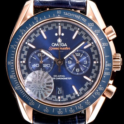 SA급 오메가 남성용 스피드마스터 329.53.44.51.03.001 18K 로즈골드 레이싱 코-액시얼 마스터 크로노미터 타키미터 크로노그래프 블루 다이얼 일본 수입산 쿼츠 무브먼트 OMG05041 xx