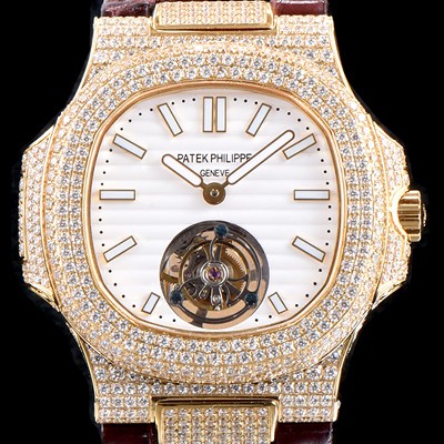 SA급 파텍필립 남성용 노틸러스 뚜르비옹 18K 옐로우 골드 최상급쥬얼 다이아몬드 풀 세팅 케이스 화이트 텍스쳐 다이얼 아시안 투어빌론 탑재 PAT0100 xx