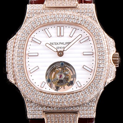 SA급 파텍필립 남성용 노틸러스 뚜르비옹 18K 로즈 골드 최상급쥬얼 다이아몬드 풀 세팅 케이스 화이트 텍스쳐 다이얼 아시안 투어빌론 탑재 PAT0130 xx