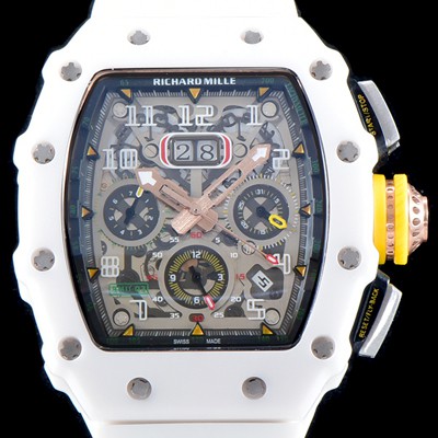 SA급 리차드밀레 남성용 최신버전 업그레이드형 RM011 화이트 세라믹 오버사이즈 데이트 크로노그래프 스켈레톤 다이얼 오토매틱 무브먼트 RIC0411 xx