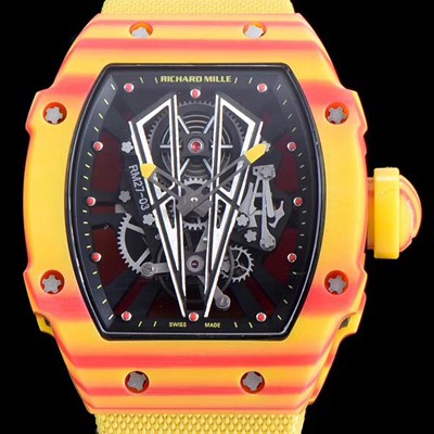 SA급 리차드밀레 남성용 RM27-03 투르비용 라파엘 나달 쿼츠 TPT 소재 스켈레톤 다이얼 오스트리아 산 신형 옐로 우레탄러버밴드 오토매틱 무브먼트 RIC0440 xx