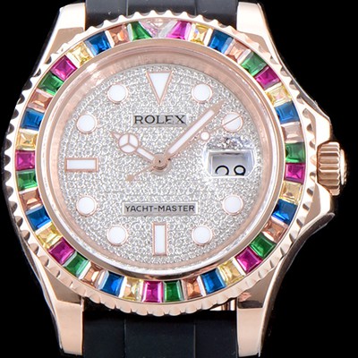 SA급 로렉스 남성용 오이스터 페페츄얼 요트-마스터 126655 “다이아몬드 파베 다이얼” 레인보우 바게크 컷 세팅 베젤 오토매틱 무브먼트 ROL0542 xx