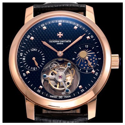 SA급 바쉐론콘스탄틴 남성용 최고의 디테일!! 패트리모니 투어빌론 & GMT 문페이즈 고급스러운 18K 로즈골드 블랙 텍스쳐드 다이얼 아시안 투어빌론 탑재 무브먼트 VAC0220 xx