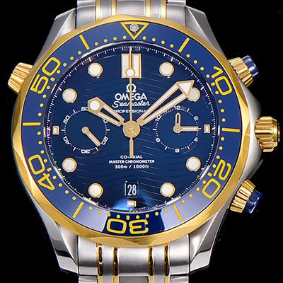SA급 오메가남성용 씨마스터 다이버 300M 마스터 크로노그래프 옐루골드 44mm 블루다이얼 OMG53678 xx