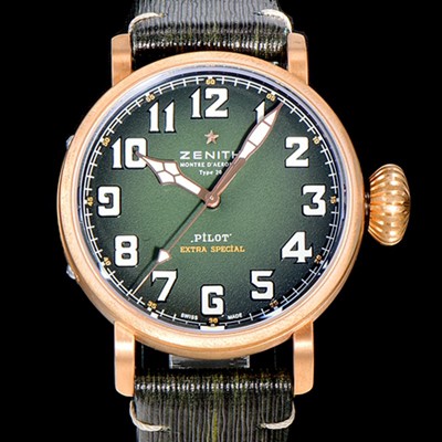 SA급 제니스 남성용 파일럿 타입 20 애드벤쳐 브론져제질 오토매틱 9015무브 45미리 가죽시계 그린다이얼 ZEN77591 xx