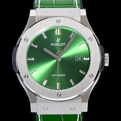 SA급 휴블렛 남성용 클래식 퓨전 45미리 오토매틱 9015 타입 가죽/러버 믹스 그린다이얼 HUB73559 xx