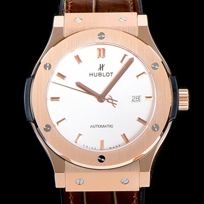 SA급 휴블렛 남성용 클래식 퓨전 45미리 금장 오토매틱 9015 타입 가죽/러버 믹스 화이트다이얼 HUB73536 xx