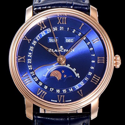 SA급 블랑팡 남성용 빌레레 퀀탬 컴플레트 문페이즈 Cal.6654 오토매틱 40미리 블랙가죽줄 18K 로즈골드 블루다이얼 BLA77837 xx