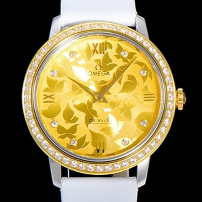 SA급 오메가 여성용 드빌 프레스티지 32.7미리 쿼츠 금장 보석/큐빅 셋팅 4061타입 레이디 소가죽줄 골드다이얼 OMG79437 xx