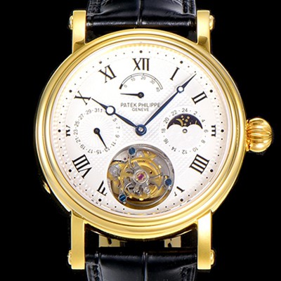 SA급 파텍필립 남성용 그렌드 컴플리케이션 투어빌론 문페이즈 42mm 옐루골드 금장시계 가죽줄 오토매틱 화이트다이얼 PAT75392 xx