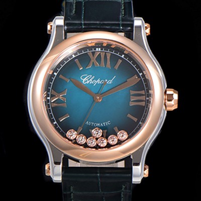 SA급 쇼파드 여성용 해피 스포츠 오토매틱 ETA2892-2 타입 36mm 래이디스/금장시계 18K로즈골드 가죽줄 블루다이얼 cho74208 xx