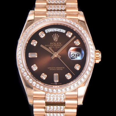 SA급 로렉스 남성용 데이데이트 오토매틱 Cal.3235타입 36mm 금장시계 로즈골드 올금 다이아베젤부착 메탈줄 브라운다이얼 rol37581 xx