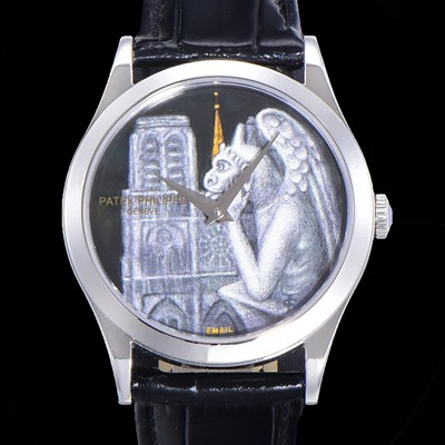 SA급 파텍필립 남성용 칼라트라바 5077P 오토매틱 투어빌론 Cal.240타입 38.6미리 가죽줄 에나멜 아크워크 블랙다이얼 pat76842 xx