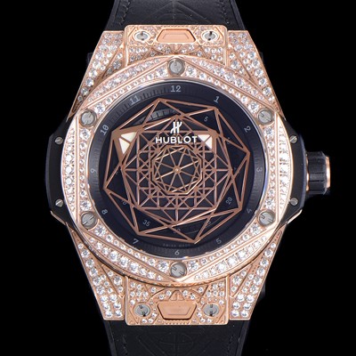 SA급 휴블렛 남성용 빅뱅 쌍 블루 오토매틱 HUB1213타입 45미리 18K 로즈골드 다이아몬드/보석 케이스 가죽/우레탄 믹스밴드 블랙다이얼 hub97824 xx