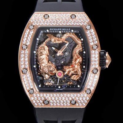 SA급 리차드밀레 남성용 리차드밀 RM035 타이거&드래곤 미쉘 요 워치!! 수공 맞물림 형식의 쥬얼세팅 고급스러운 18K 로즈골드 스켈레톤 다이얼 오토매틱 무브먼트 RIC0451 xx