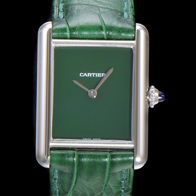 SA급 까르띠에 여성용 탱크 머스트 WSTA0054 로마 인덱스 33.7mm 그린 다이얼 악어가죽줄 쿼츠 무브먼트 CAR00575 xx