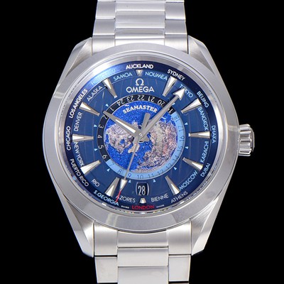 SA급 오메가 남성용 씨마스터 220.10.43.22.03.001 아쿠아테라 150미터 GMT 오토매틱 월드타이머 43미리 메탈줄 블루다이얼 OMG23495 xx
