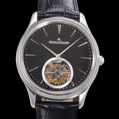 SA급 예거 르꿀르뜨 남성용 마스터 울트라 씬 투어빌론 43mm 가죽줄 블랙다이얼 jag9125 xx