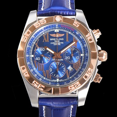 SA급 브라이틀링 남성용 원드라이더 크로노맷 오토매틱 ETA-7750 기계식 44mm 18K 로즈골드 가죽줄 블루다이얼 bre1915 xx