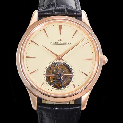 SA급 예거 르꿀르뜨 남성용 마스터 울트라 씬 투어빌론 43mm 18K로즈골드 가죽줄 아이보리 다이얼 jag1292 xx