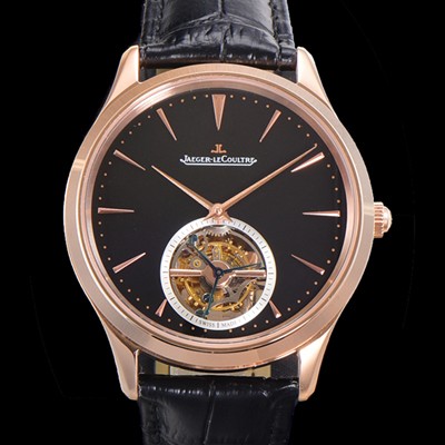 SA급 예거 르꿀르뜨 남성용 마스터 울트라 씬 투어빌론 43mm 18K로즈골드 가죽줄 아이보리 다이얼  jag1925 xx