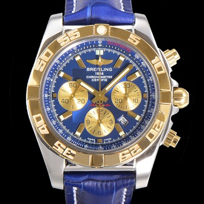 SA급 브라이틀링 남성용 원드라이더 크로노맷 오토매틱 ETA-7750 기계식 44mm 18K 옐루골드 가죽줄 블루다이얼 bre5121 xx