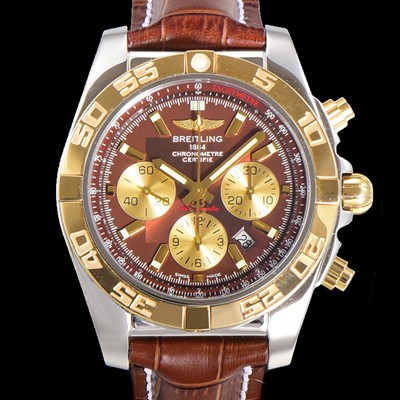 SA급 브라이틀링 남성용 원드라이더 크로노맷 오토매틱 ETA-7750 기계식 44mm 18K 옐루골드 가죽줄 브라운다이얼 bre5391 xx