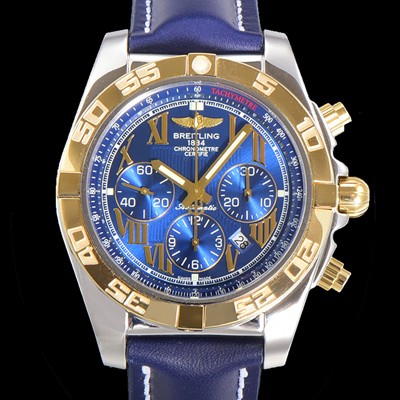 SA급 브라이틀링 남성용 원드라이더 크로노맷 오토매틱 ETA-7750 기계식 44mm 18K 옐루골드 가죽줄 블루다이얼 bre2531 xx