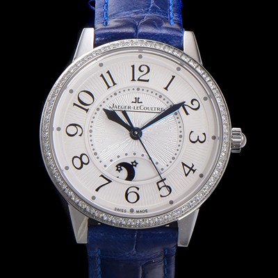 SA급 예거 르꿀르뜨 여성용 랑데뷰 나잇&데이 문페이즈 오토매틱 898A 타입 무브 34mm 보석 배젤 가죽줄  화이트다이얼 jag1521 xx