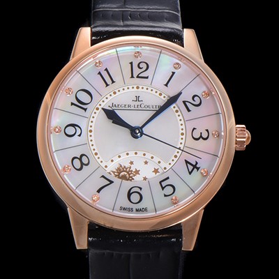 SA급 예거 르꿀르뜨 여성용 랑데뷰 나잇&데이 문페이즈 오토매틱 898A 타입 무브 34mm 금장 가죽줄 자게 화이트다이얼 jag5123 xx