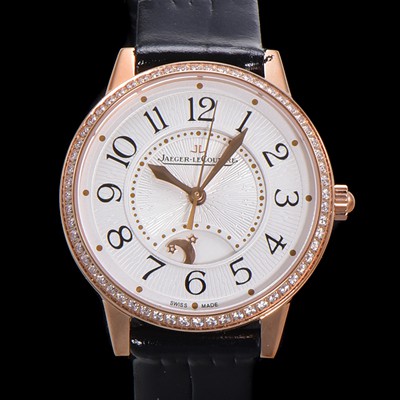 SA급 예거 르꿀르뜨 여성용 랑데뷰 나잇&데이 문페이즈 오토매틱 898A 타입 무브 34mm 금장시계 보석  배젤 가죽줄 화이트다이얼 jag9251 xx