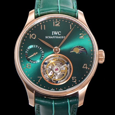 SA급 아이더블유씨 남성용 신제품 UP!! 포르투기즈 컴플리케이션 하이  "투어빌론 문페이즈 파워 리저브"아시안 투어빌론 탑재  18K 로즈골드 42mm 가죽줄 그린 다이얼   iwc1599 xx